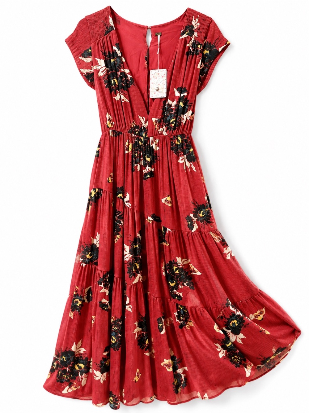 Free People All I Got Printed Maxi Dress Red Floral Tie Waist NWT 0 XS